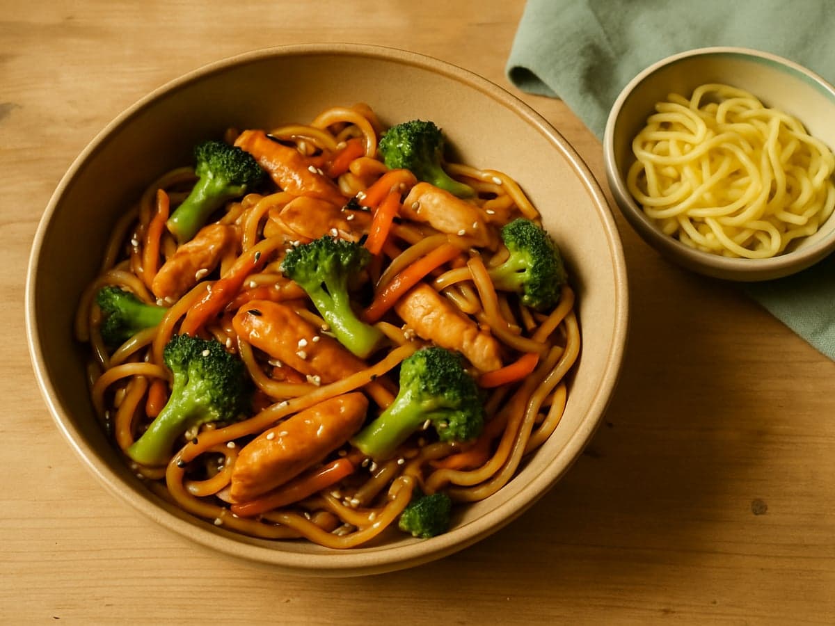 Noedels met kip, broccoli en teriyakisaus in een kom