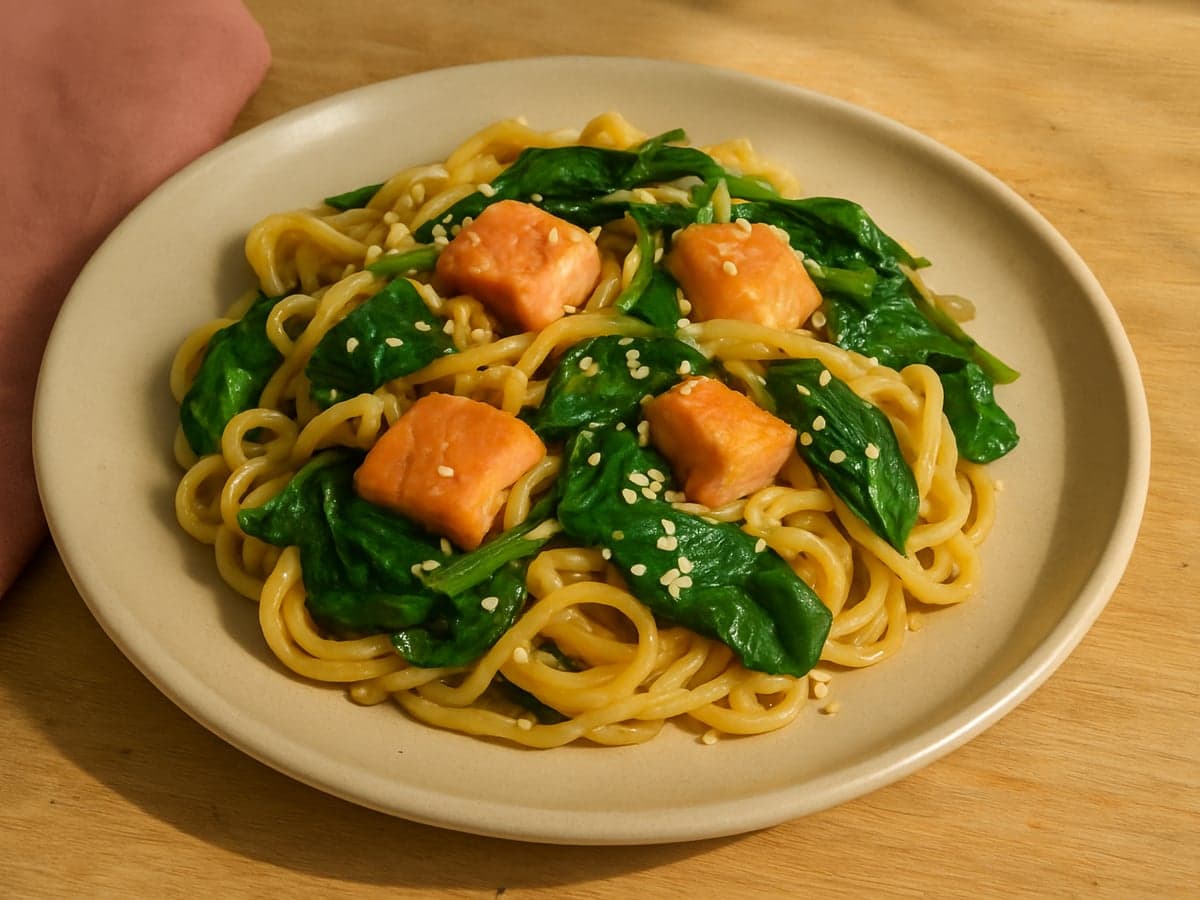 Noedels met zalm, spinazie en sesam op een bord