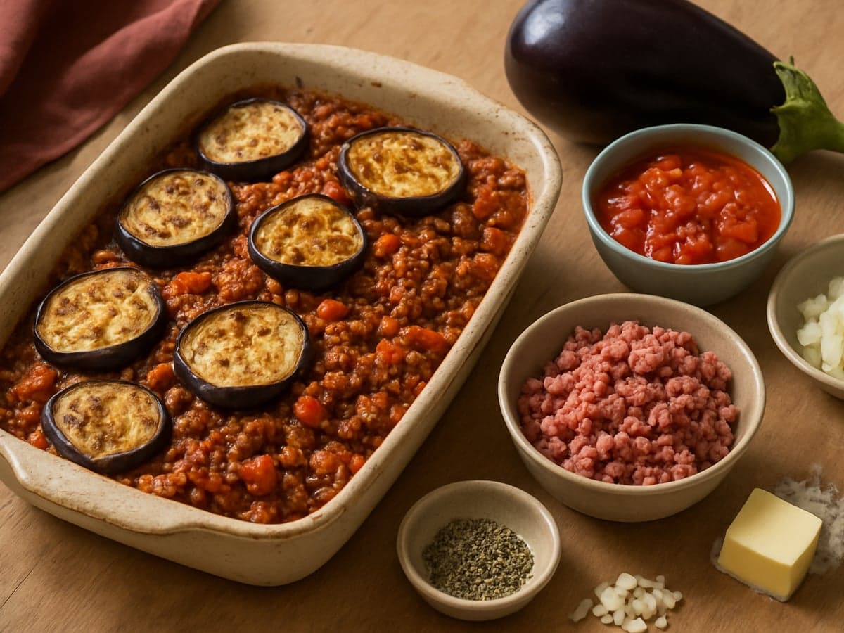 Ovenschotel met aubergine, gehakt en tomatensaus in een ovenschaal