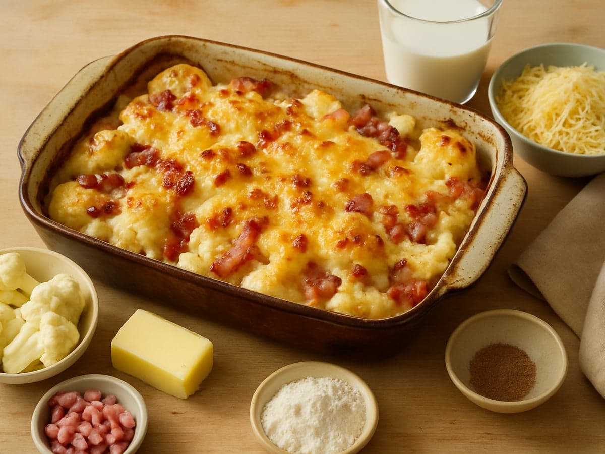 Ovenschotel met bloemkool, kaas en spekjes in een ovenschaal