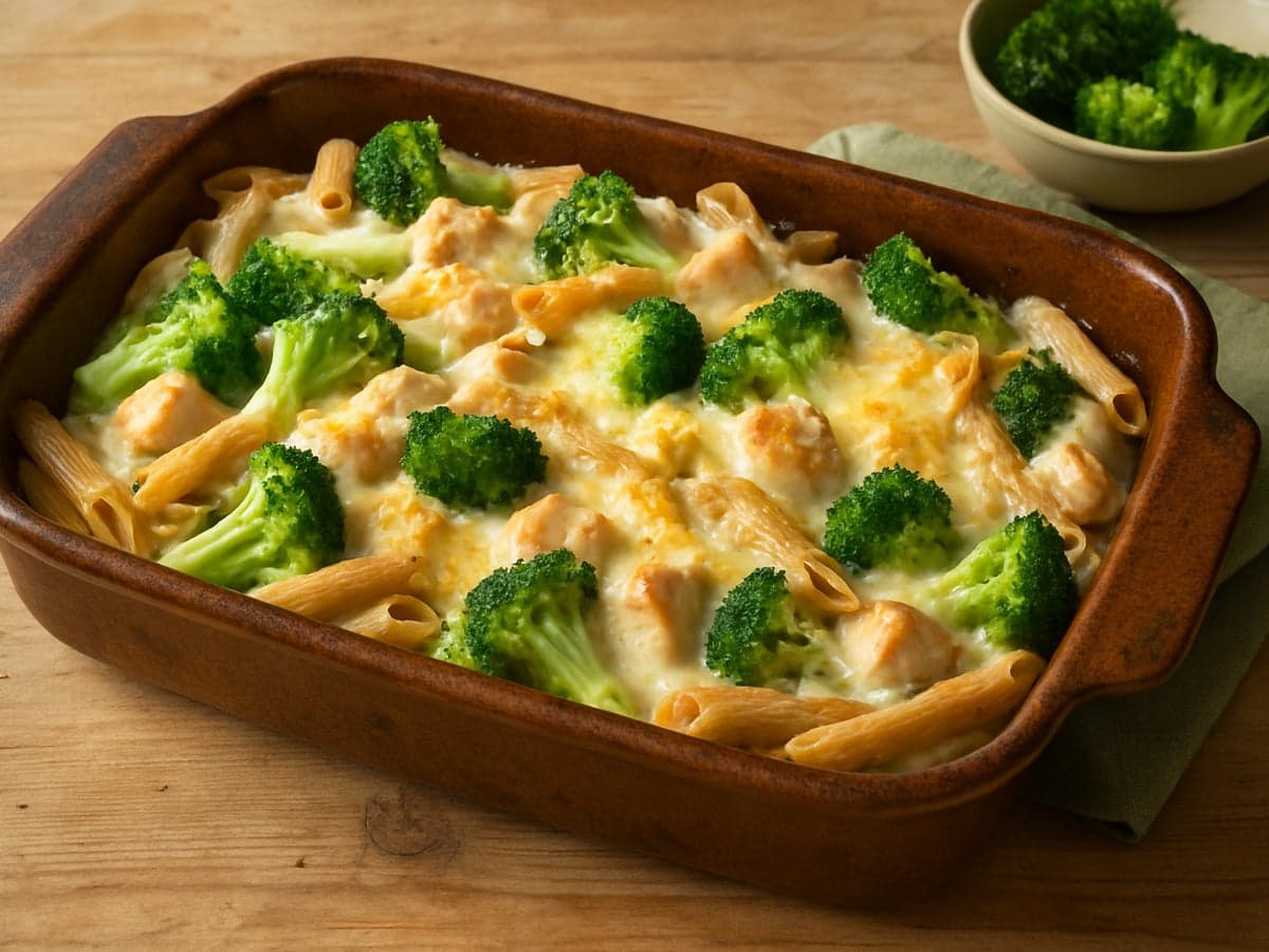 Ovenschotel met broccoli, kip en pasta in een ovenschaal