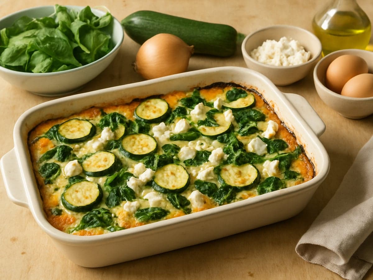 Ovenschotel met courgette, feta en spinazie op een bord