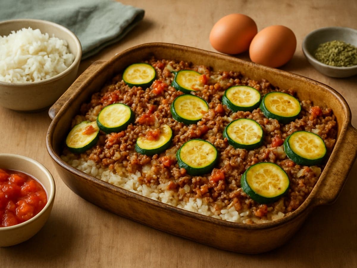 Ovenschotel met courgette, gehakt en rijst in een ovenschaal