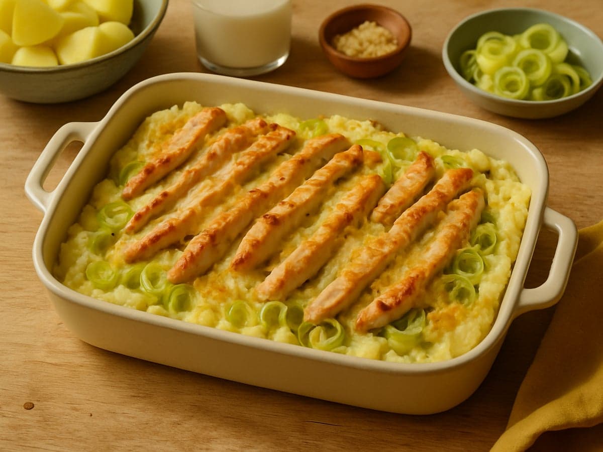 Ovenschotel met kalkoenfilet, prei en aardappelpuree op een bord