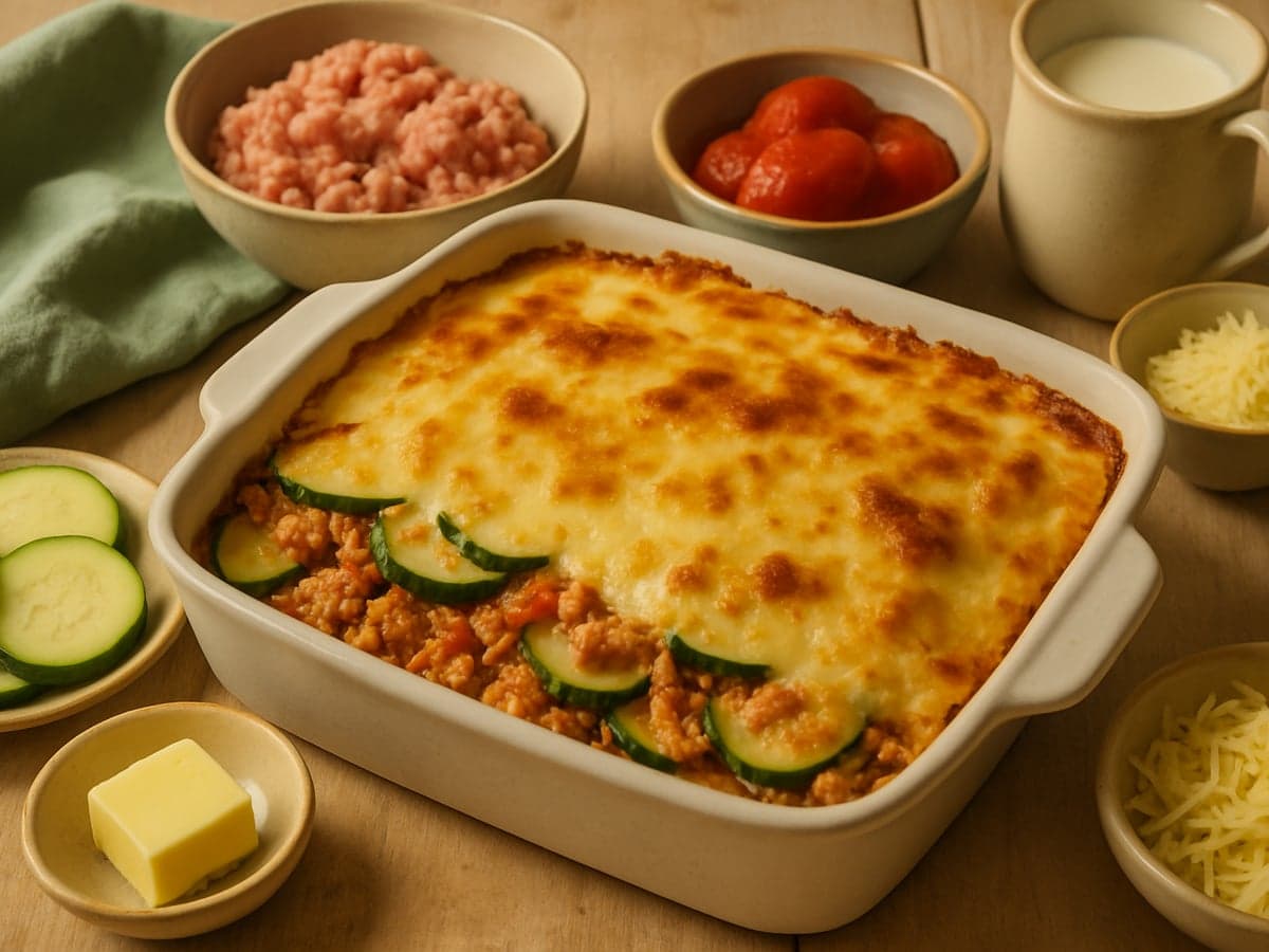 Ovenschotel met kalkoengehakt en courgette in een ovenschaal