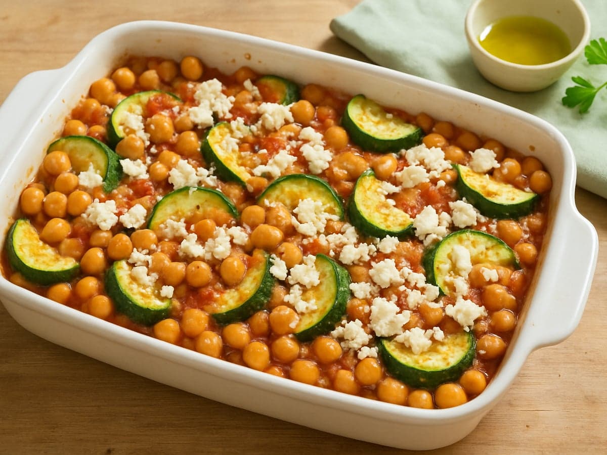 Ovenschotel met kikkererwten, courgette en feta op een bord