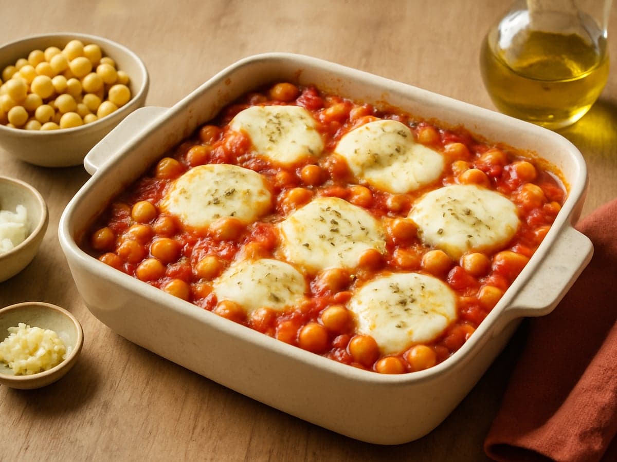 Ovenschotel met kikkererwten, tomaat en mozzarella op een bord