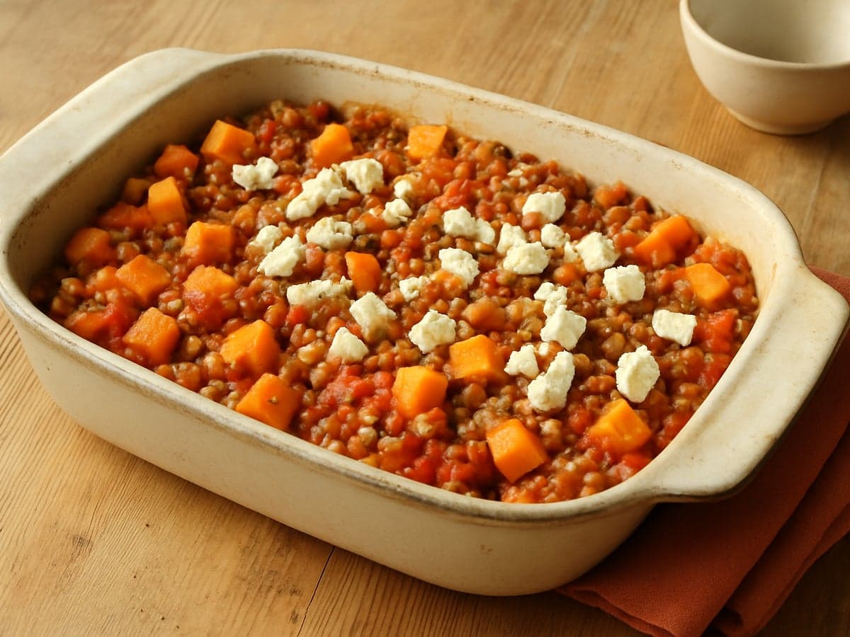Ovenschotel met linzen, zoete aardappel en feta in een ovenschaal