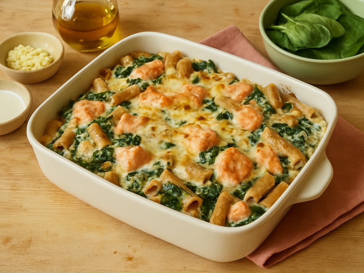 Ovenschotel met pasta, zalm en spinazie op een bord