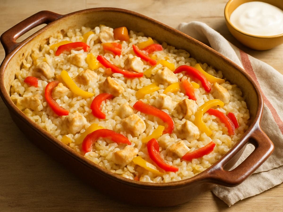 Ovenschotel met rijst, kip en paprika in een ovenschaal