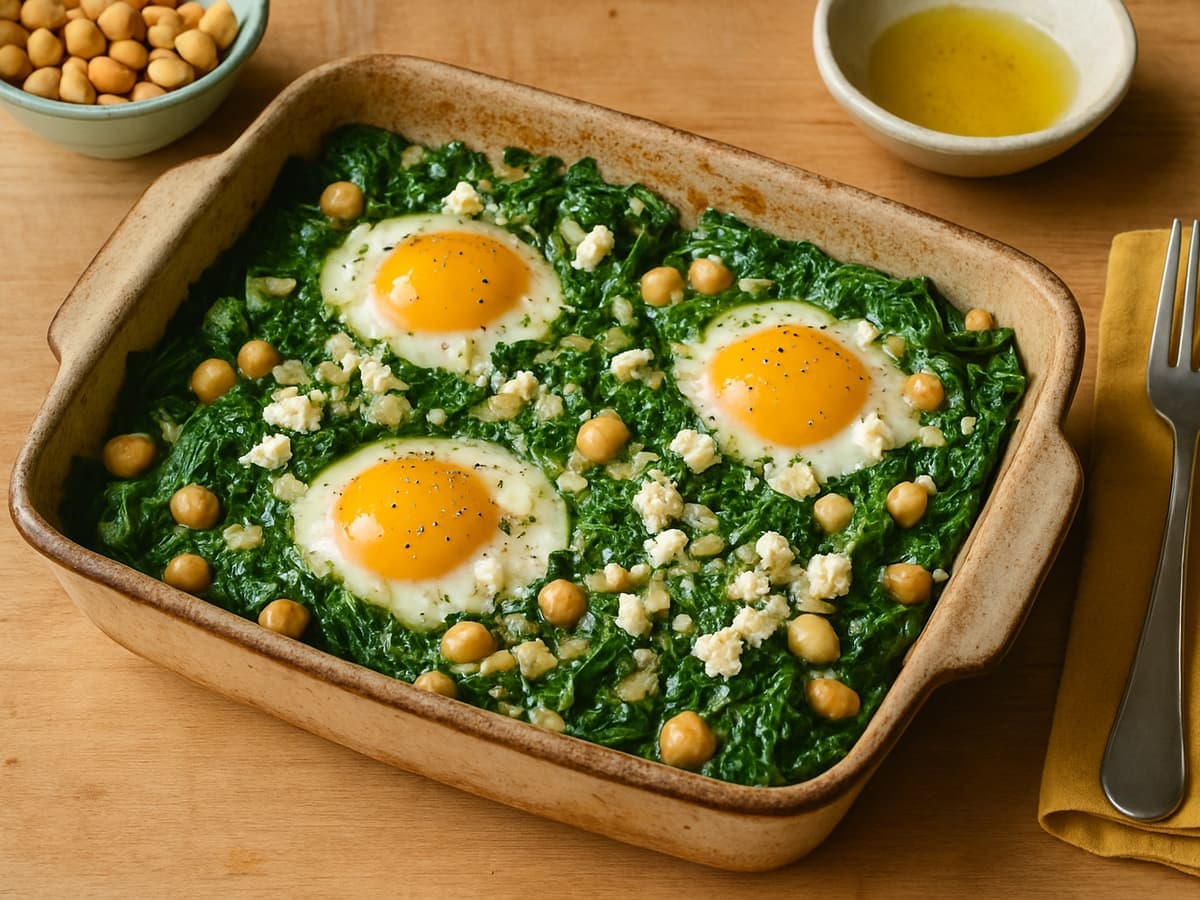 Ovenschotel met spinazie, kikkererwten en ei in een ovenschaal