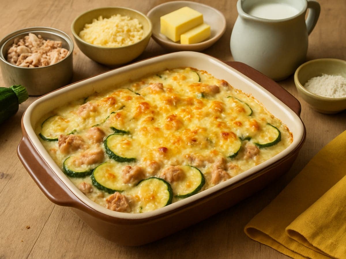 Ovenschotel met tonijn, courgette en kaassaus op een bord