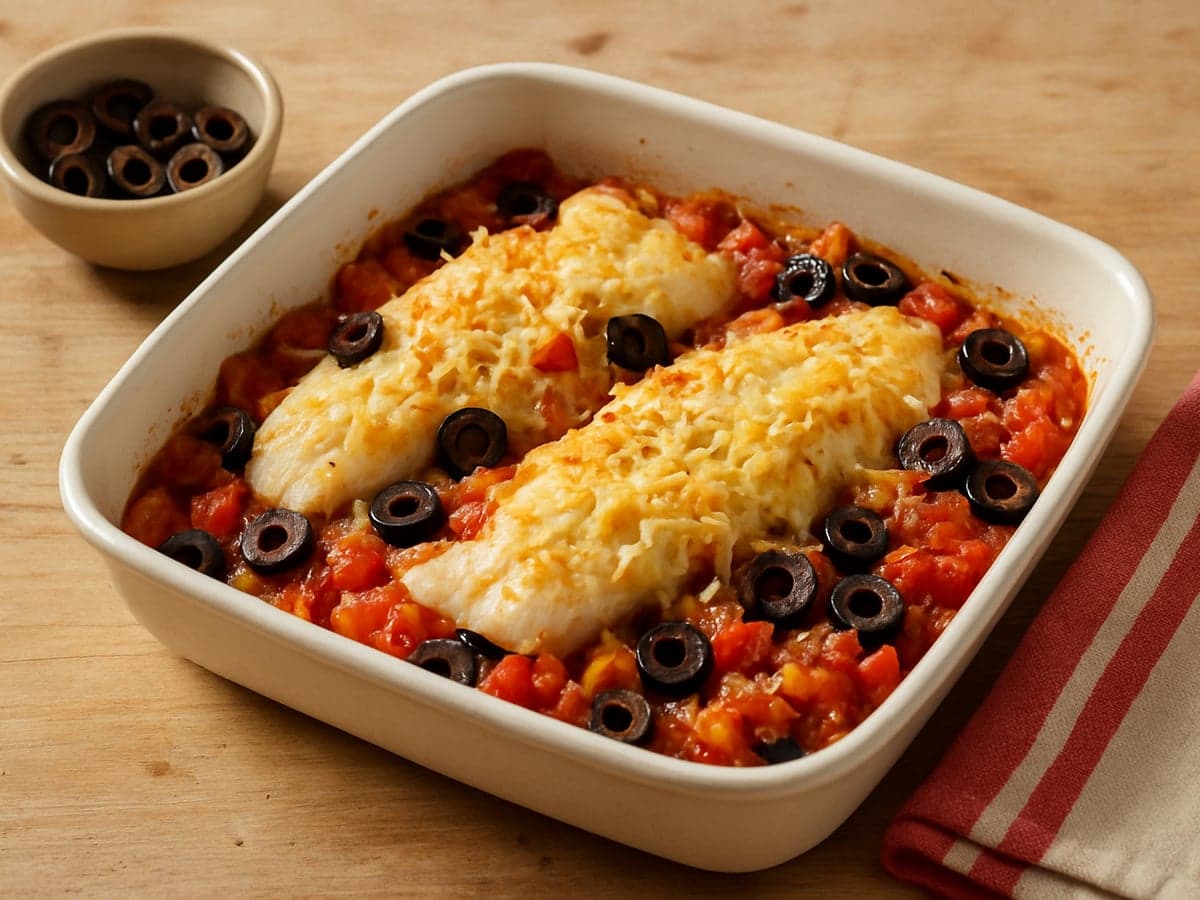 Ovenschotel met vis, tomaat en olijven op een bord