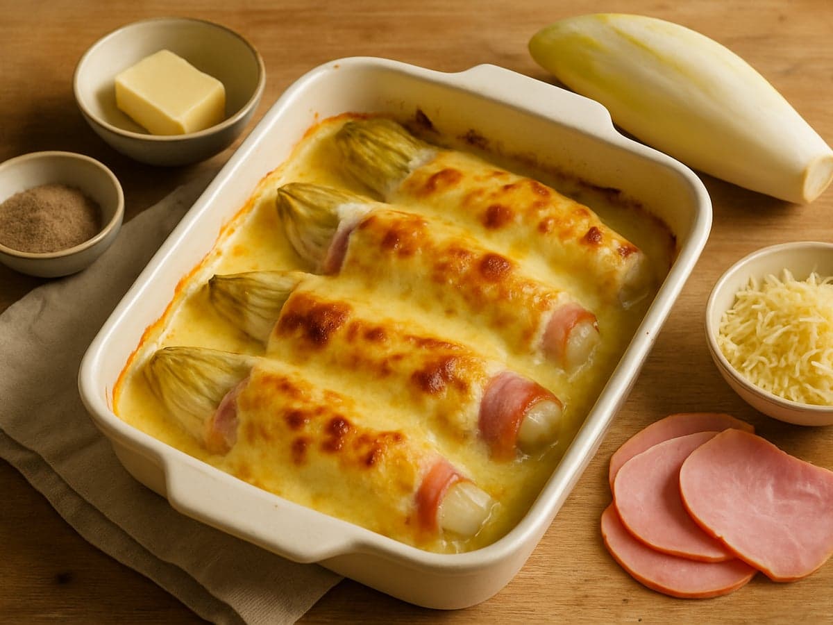 Ovenschotel met witlof, ham en kaas in een ovenschaal