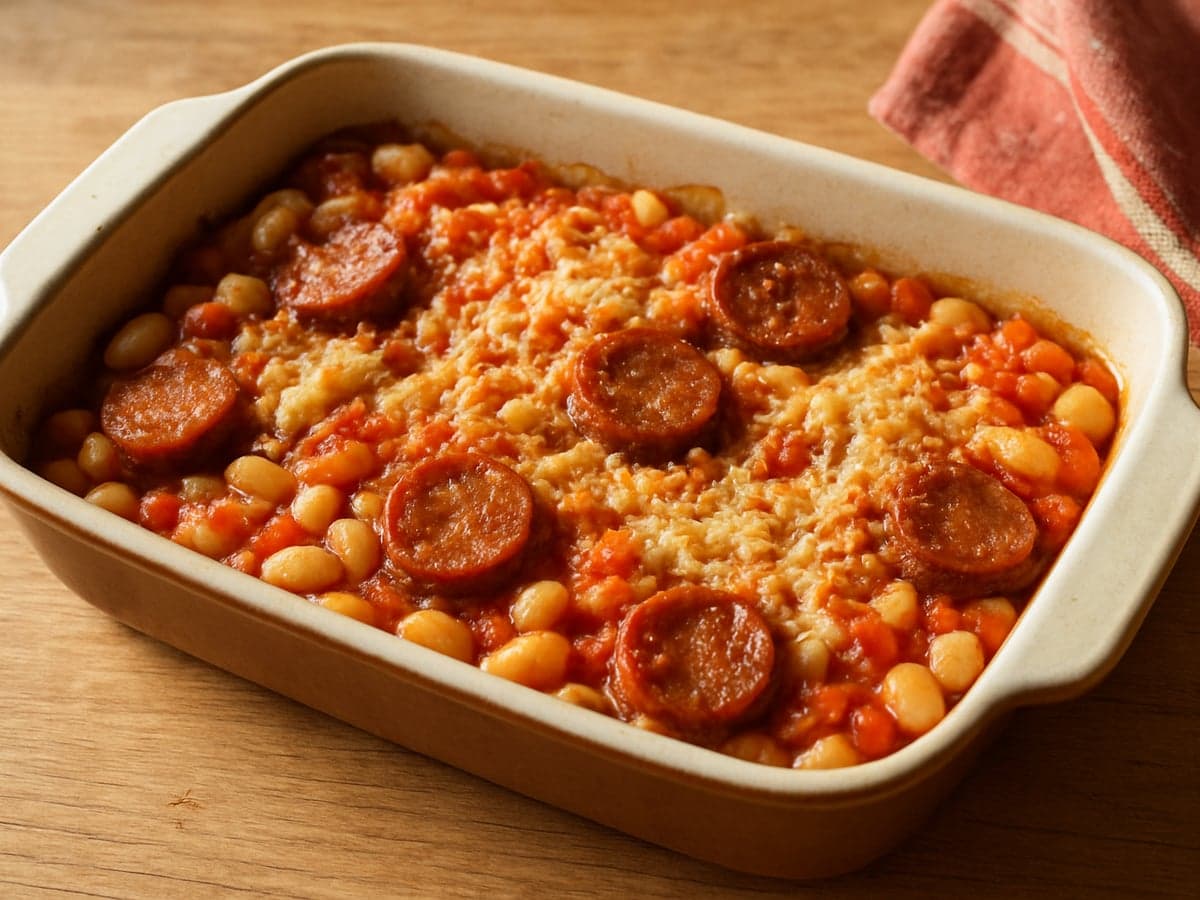 Ovenschotel met witte bonen, tomaat en worst op een bord