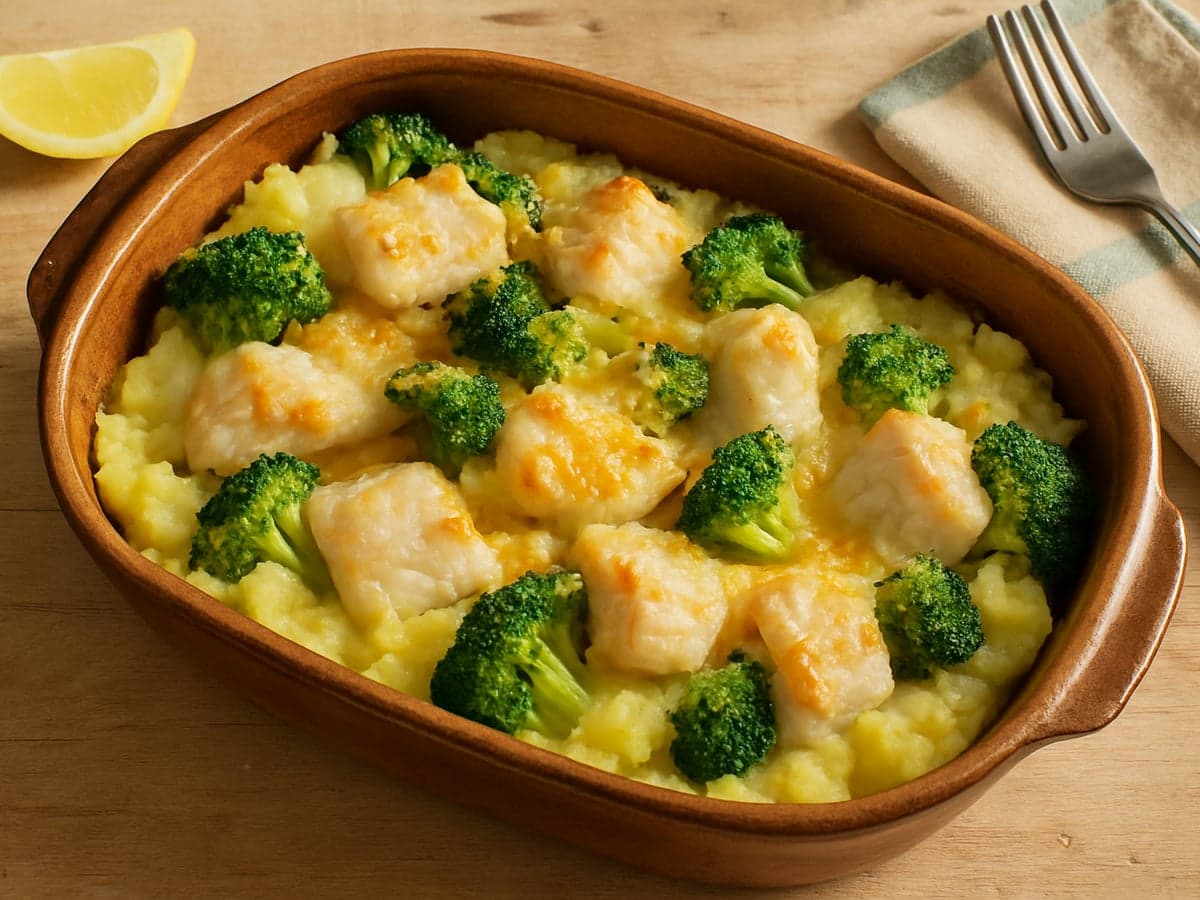 Ovenschotel met witvis, broccoli en aardappelpuree in een ovenschaal
