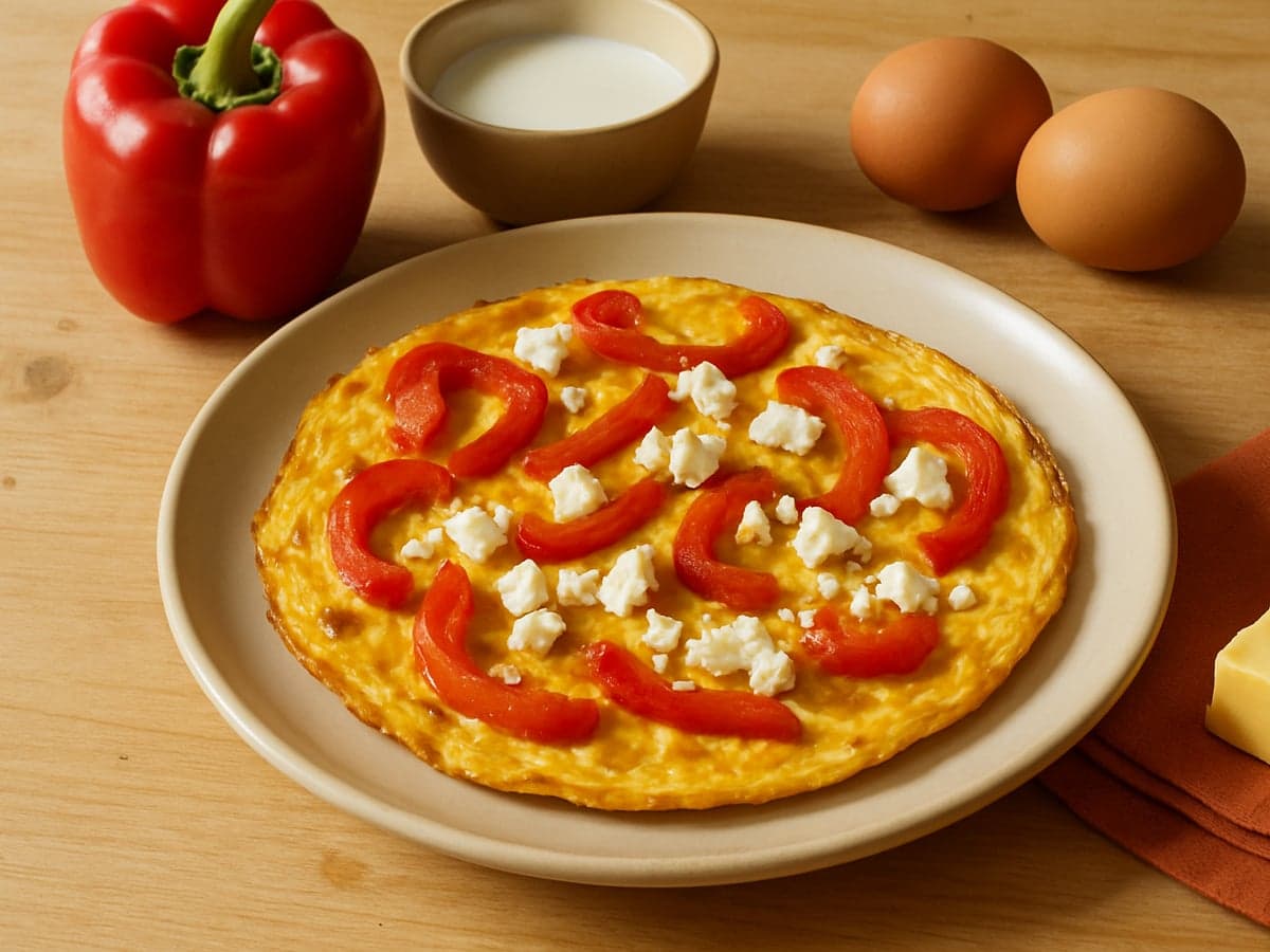 Paprika-omelet met fetakaas op een bord
