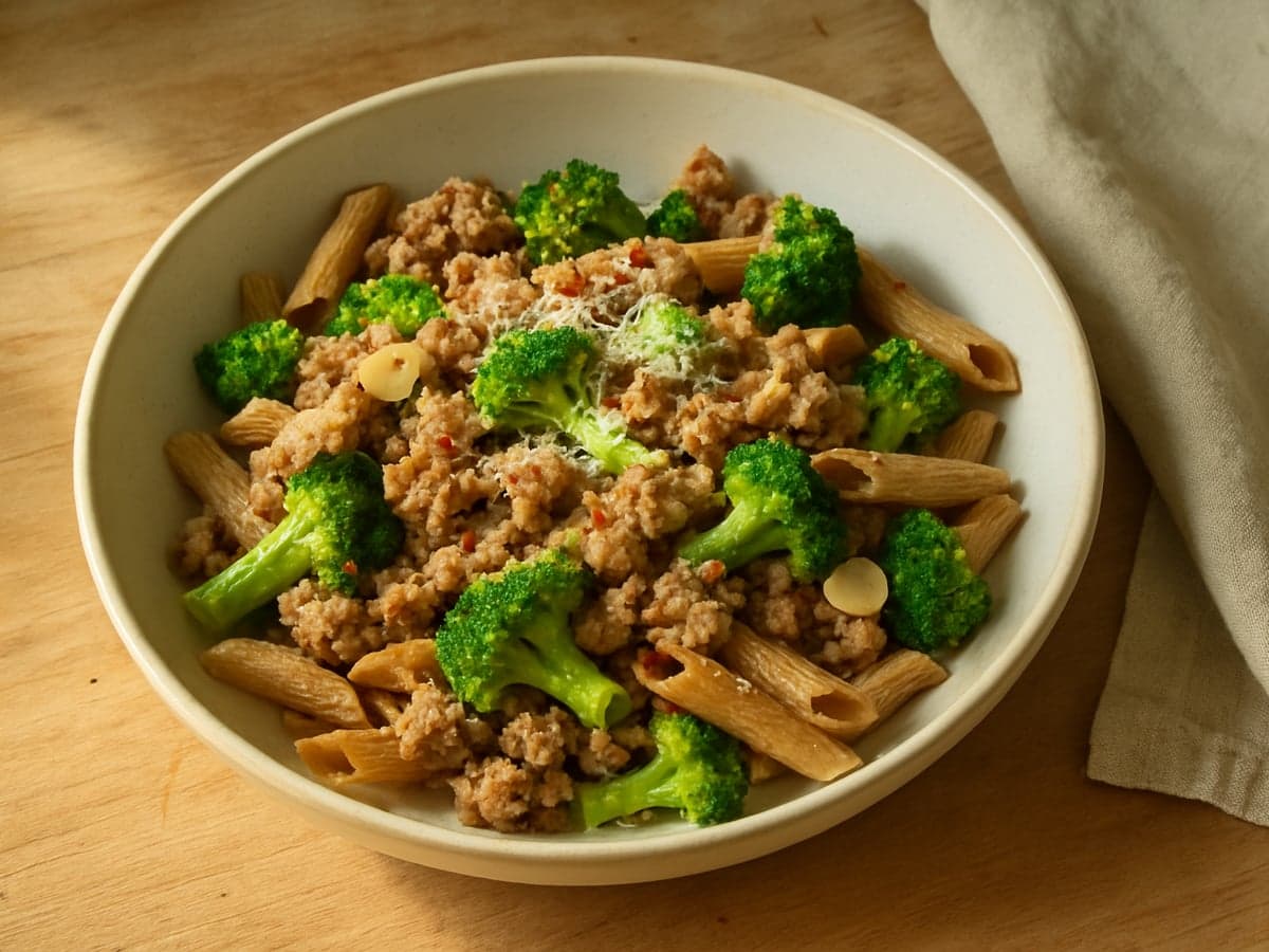 Pasta met broccoli, worst en knoflook in een schaal