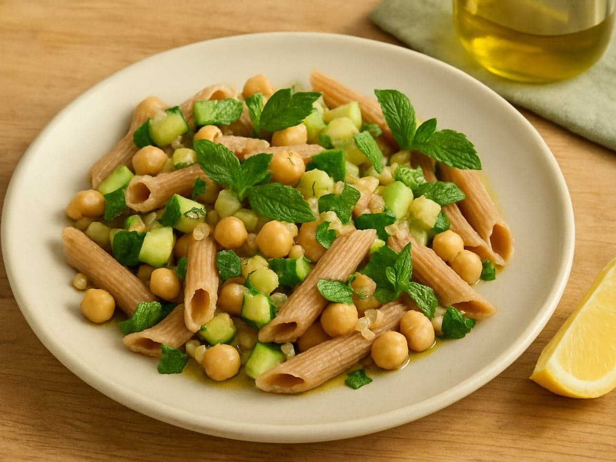 Pasta met courgette, kikkererwten en munt op een bord
