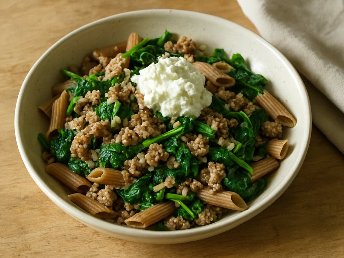 Pasta met kalkoengehakt, spinazie en ricotta in een schaal