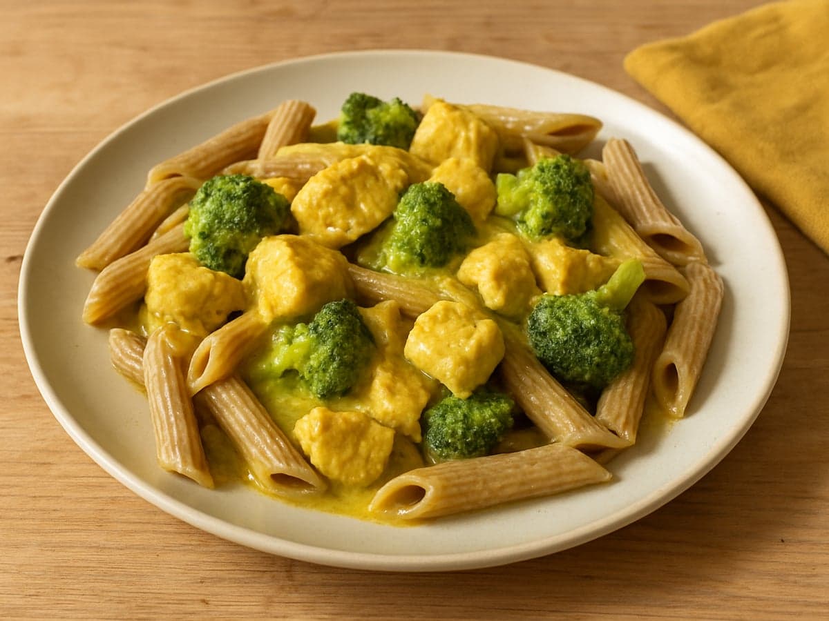 Pasta met kip, broccoli en kerriesaus op een bord