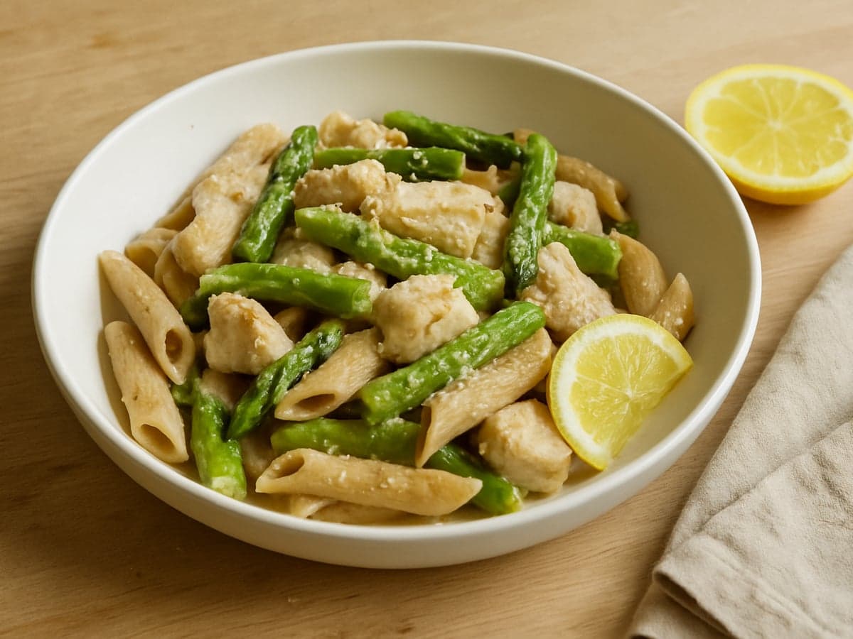 Pasta met kip, citroen en asperges in een schaal