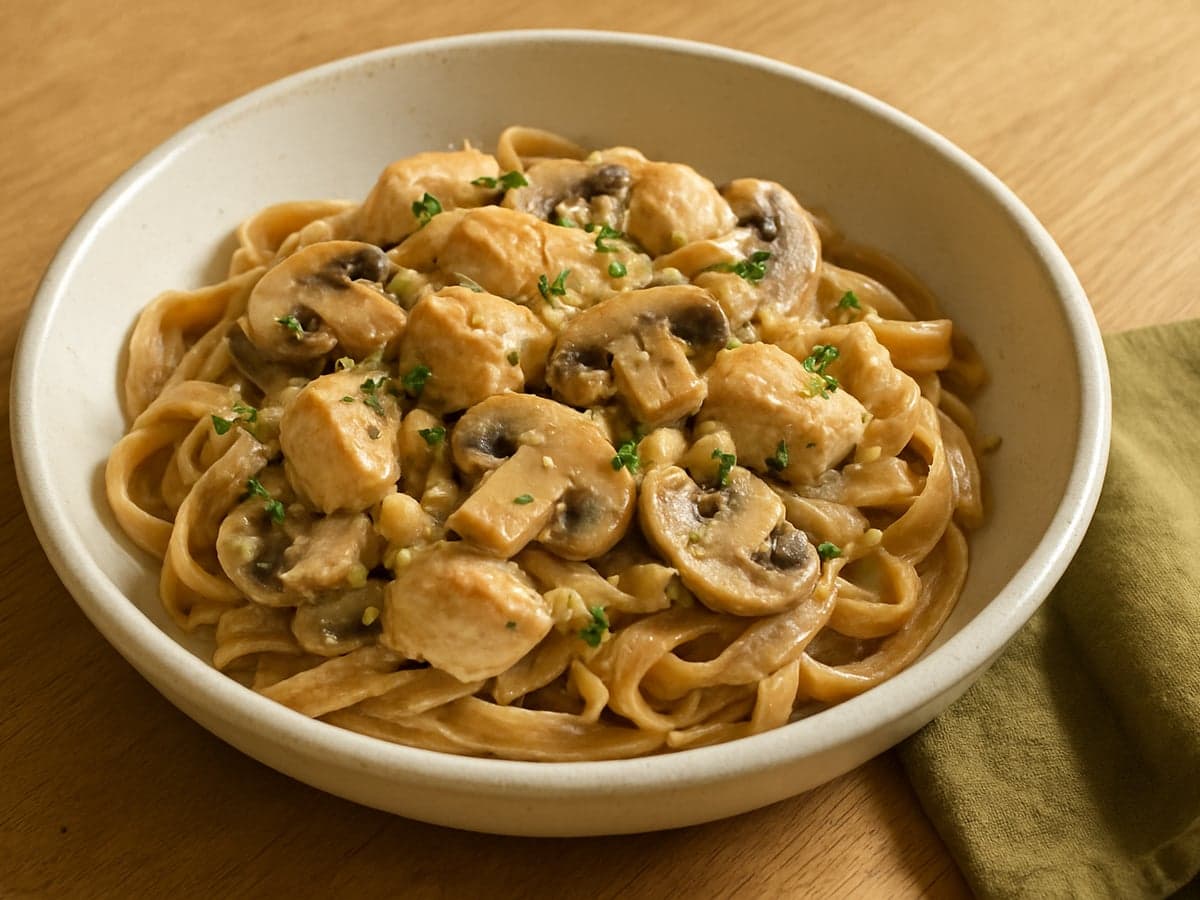 Pasta met kip, paddenstoelen en tijm in een schaal