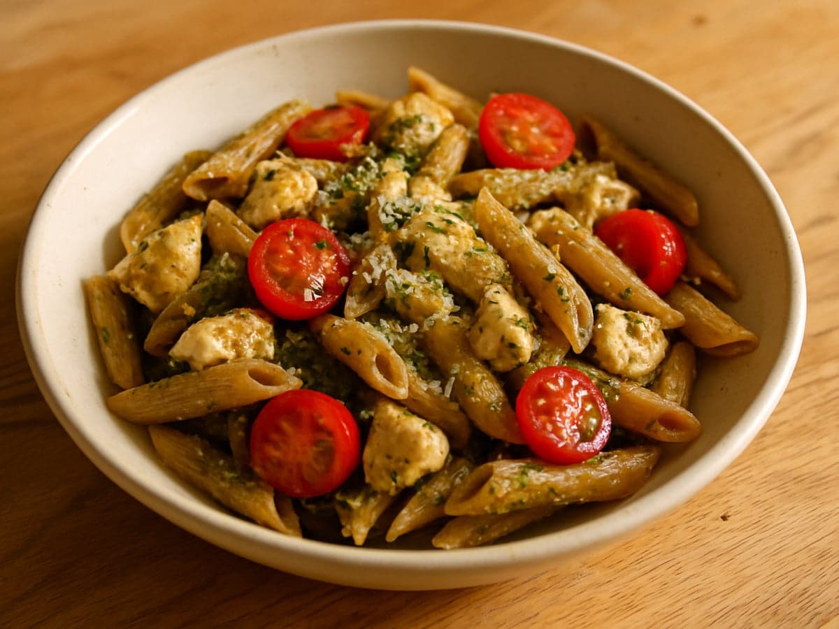 Pasta met kip, pesto en cherrytomaatjes in een schaal