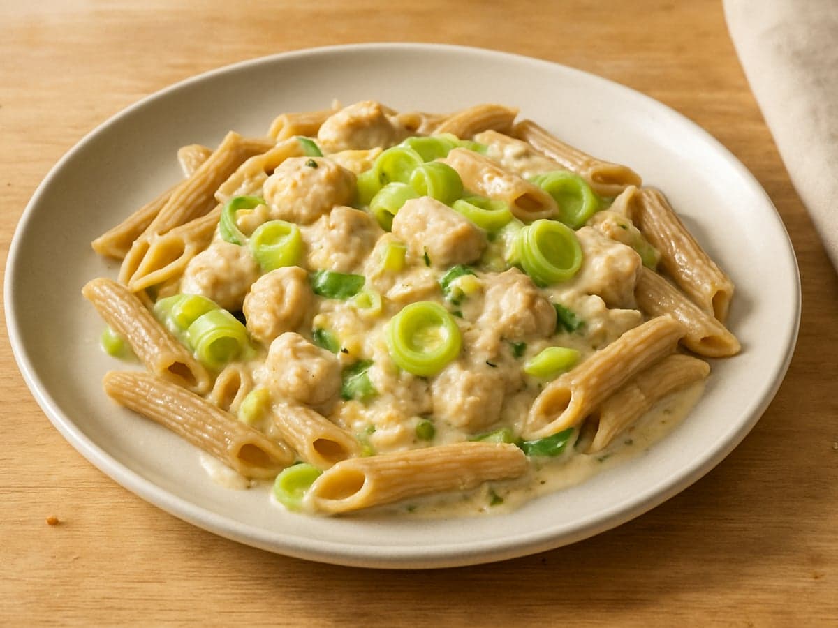 Pasta met kip, prei en room op een bord