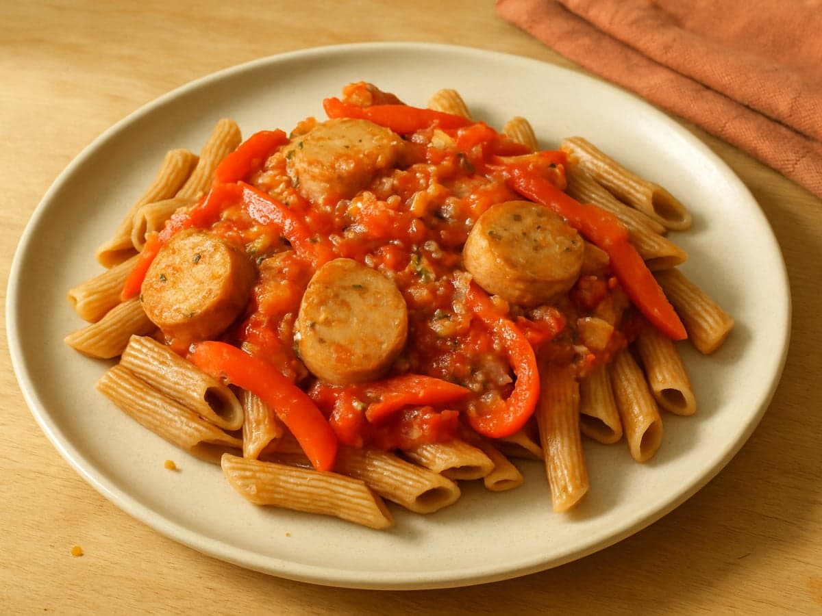 Pasta met kipworst, paprika en tomatensaus op een bord