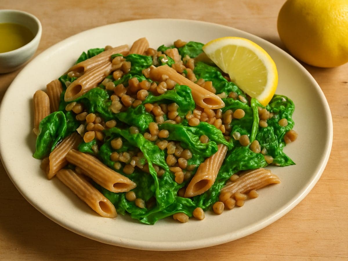 Pasta met linzen, spinazie en citroen op een bord