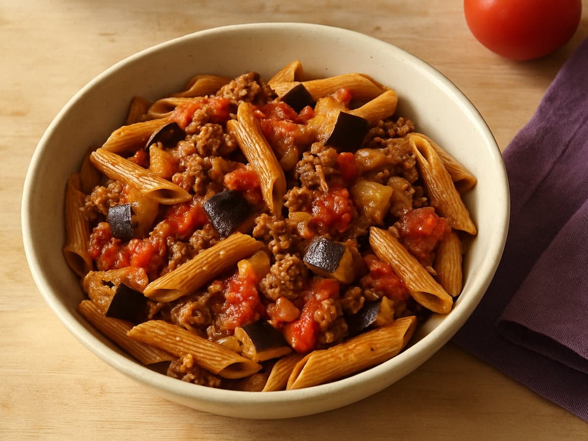 Pasta met rundergehakt, aubergine en tomaat in een schaal