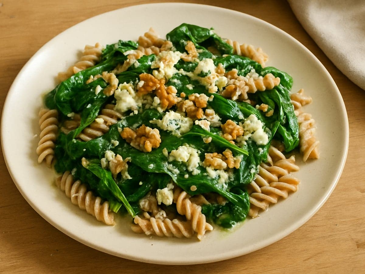 Pasta met spinazie, walnoten en gorgonzola op een bord