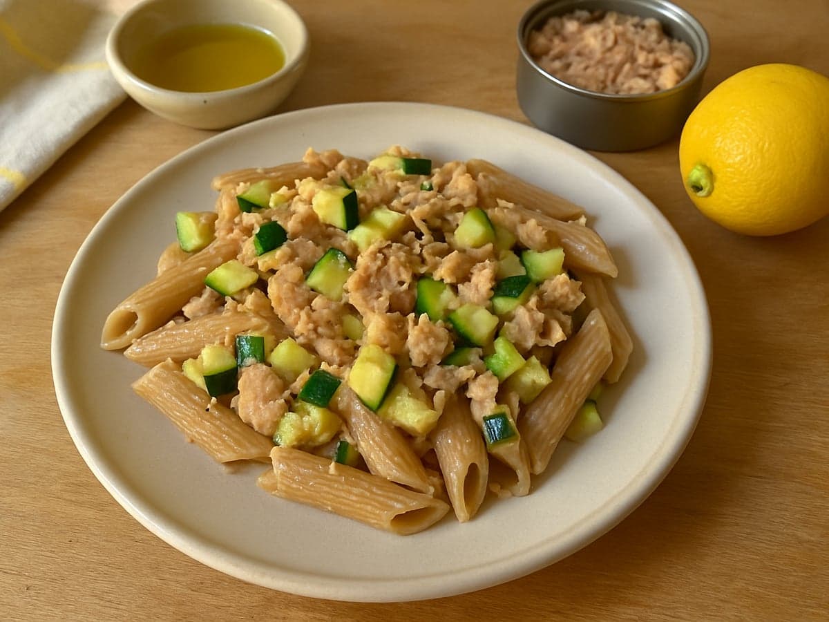 Pasta met tonijn, courgette en citroen op een bord