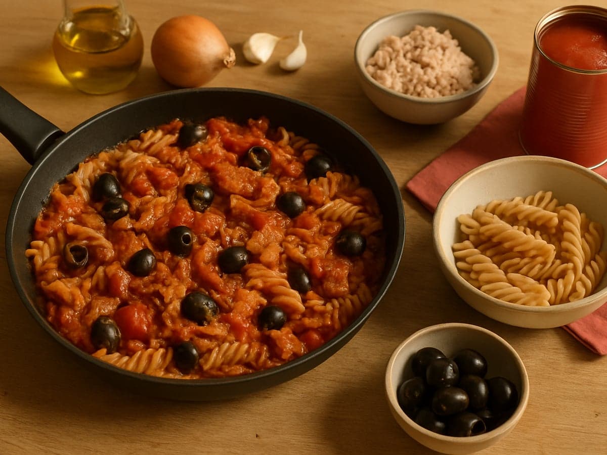 Pasta met tonijn, tomaat en olijven in een pan