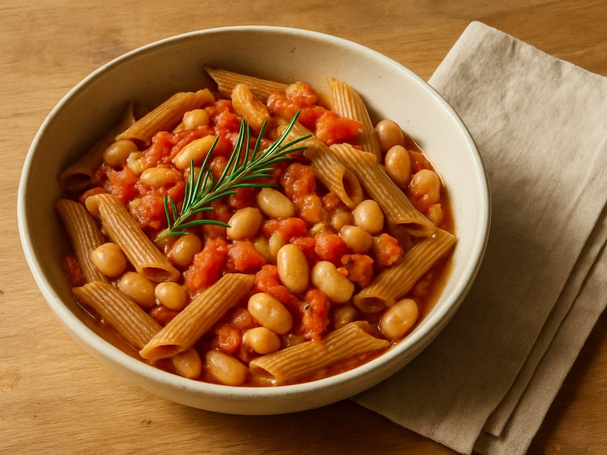Pasta met witte bonen, tomaat en rozemarijn in een schaal