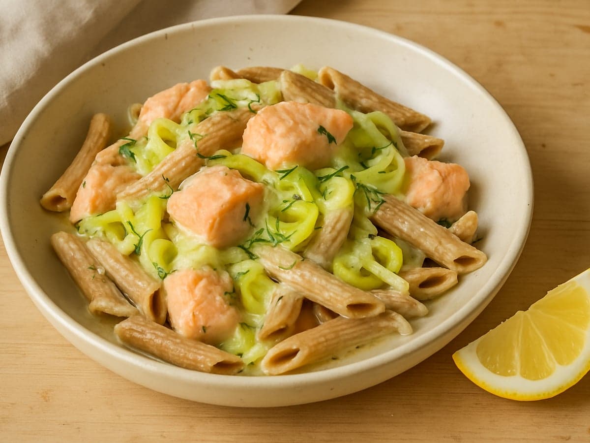 Pasta met zalm, prei en citroen in een schaal