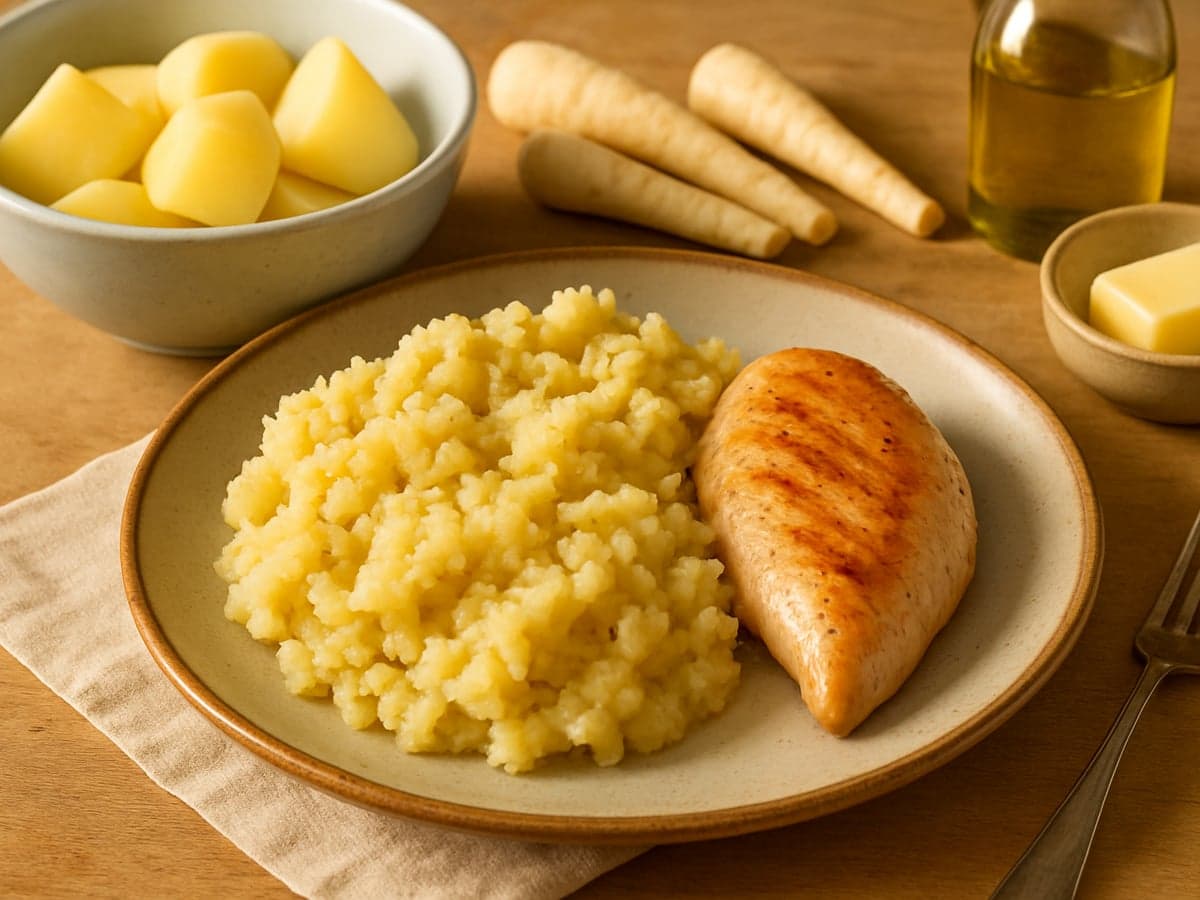 Pastinaakstamppot met kipfilet op een bord