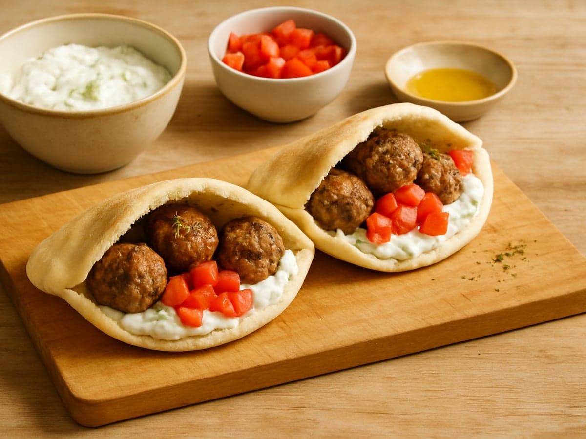 Pita's met gehaktballetjes, tzatziki en tomaat op een bord