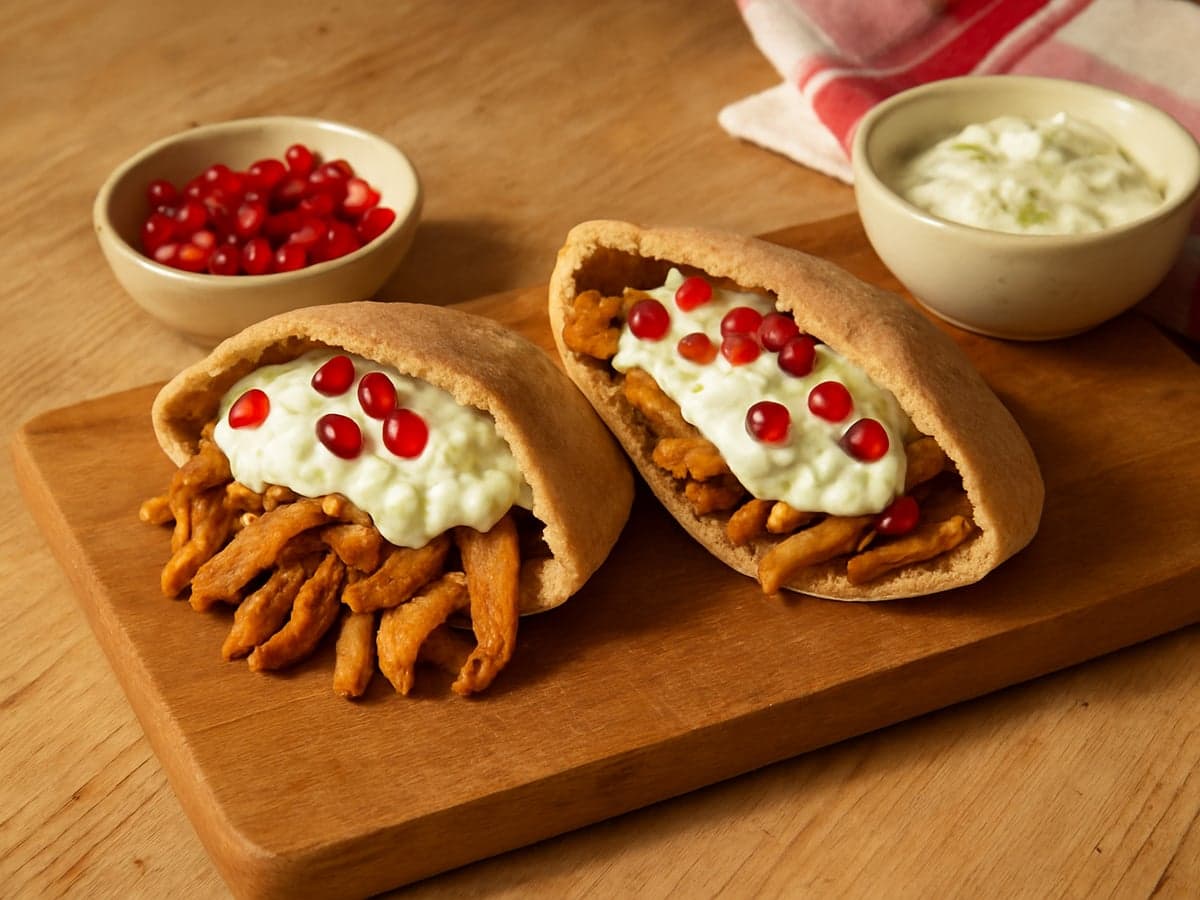 Pita's met kalkoenshoarma, tzatziki en granaatappel op een bord