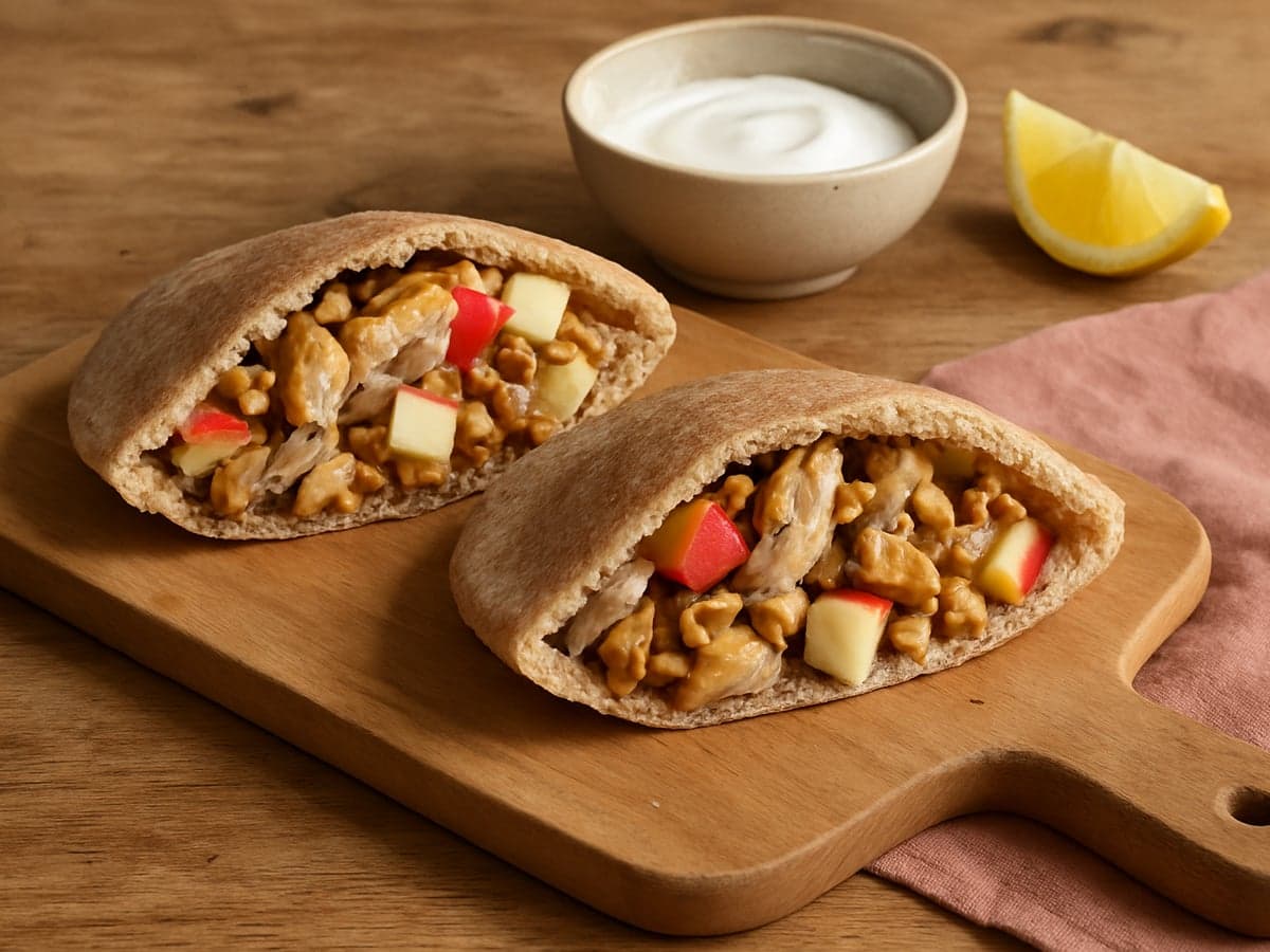 Pita's met makreel, appel en walnoten op een bord