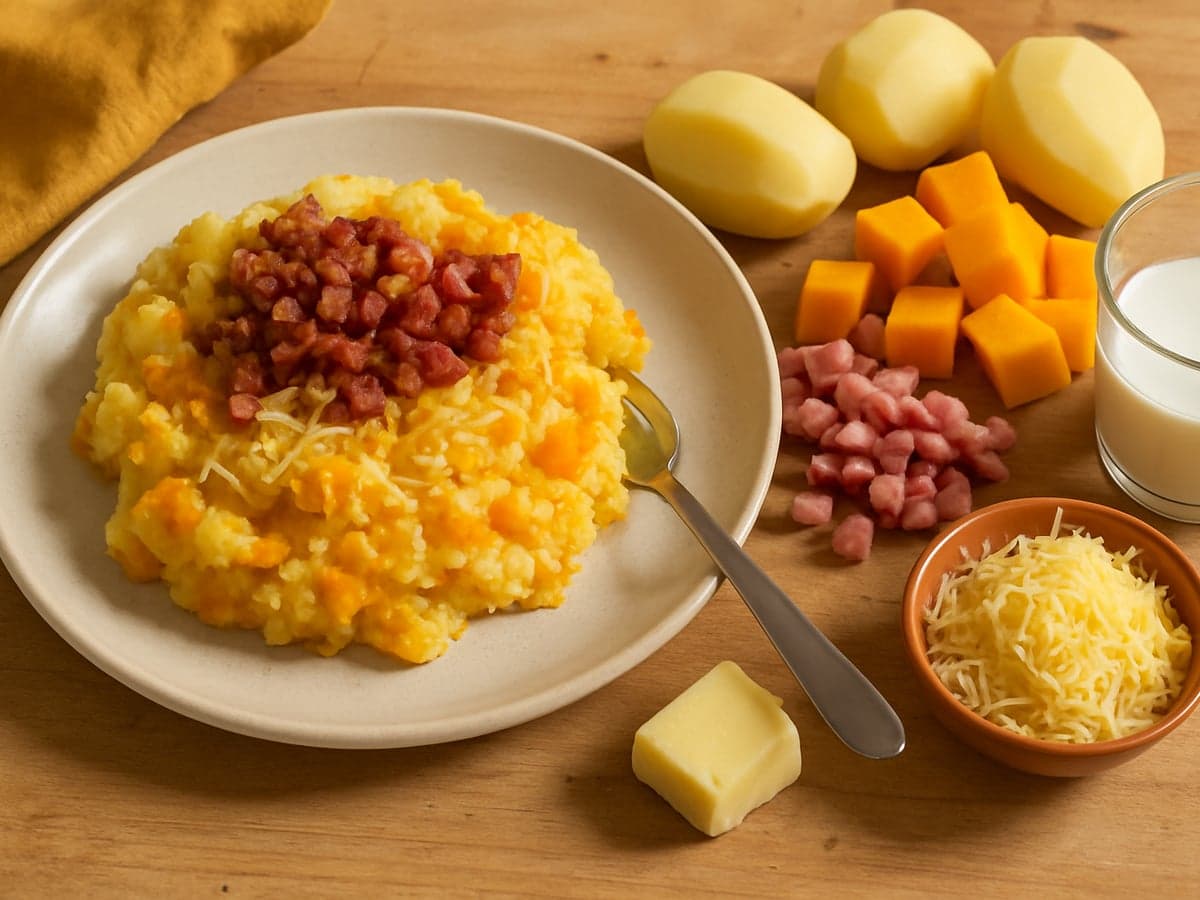 Pompoenstamppot met kaas en spekjes op een bord