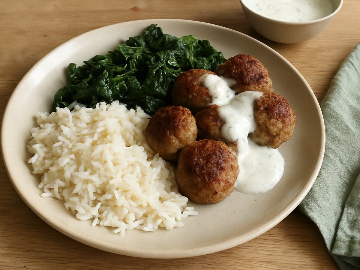 Rijst met gehaktballetjes, spinazie en yoghurtsaus op een bord