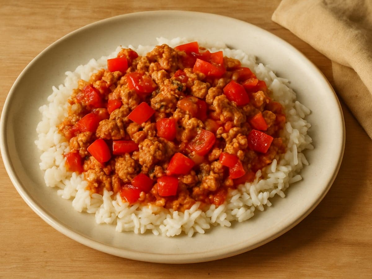 Rijst met kalkoengehakt, paprika en tomatensaus op een bord