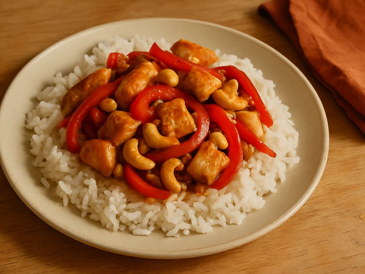 Rijst met kip, paprika en cashewnoten op een bord