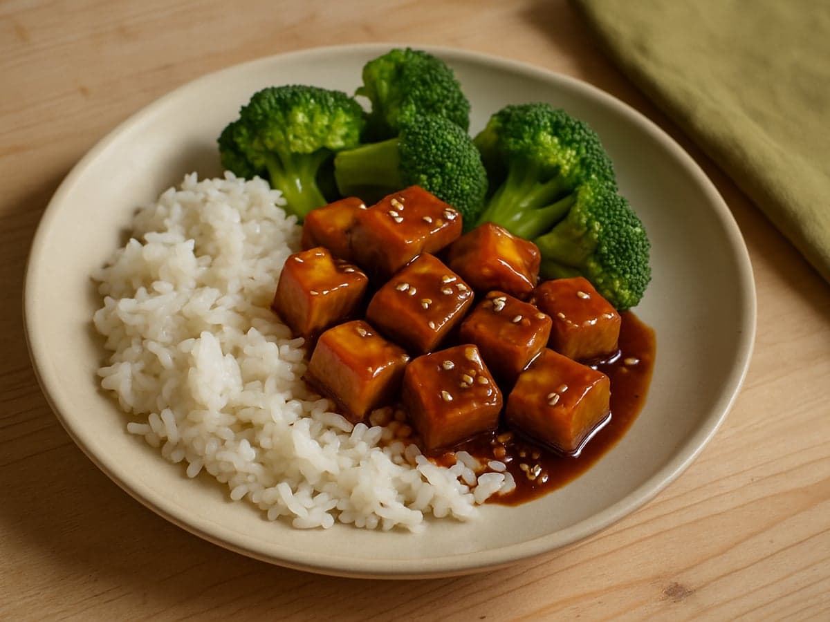 Rijst met tofu, broccoli en teriyakisaus op een bord