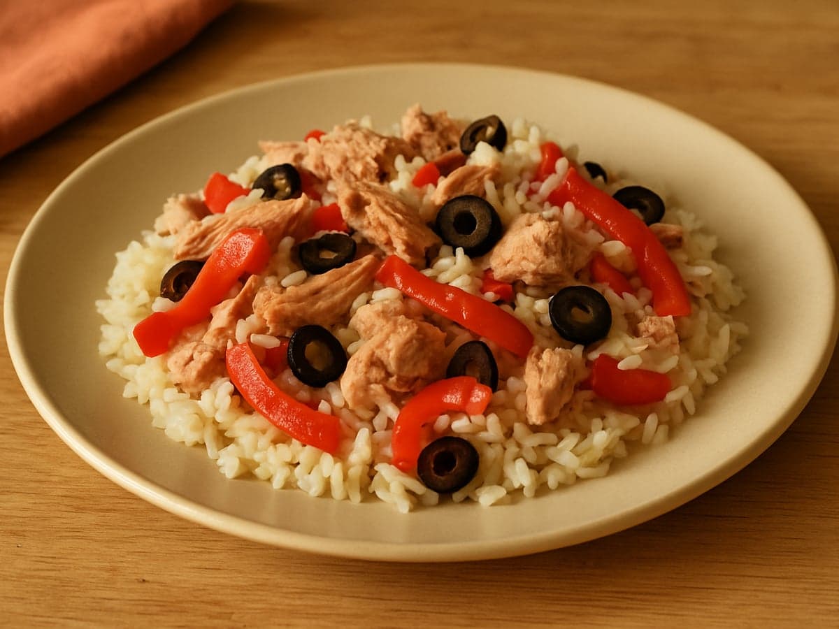 Rijst met tonijn, paprika en olijven op een bord