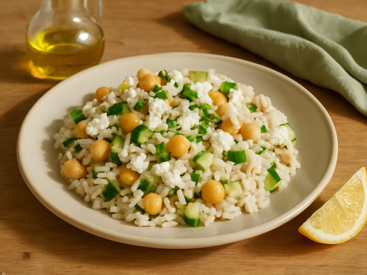 Rijstsalade met kikkererwten en feta op een bord