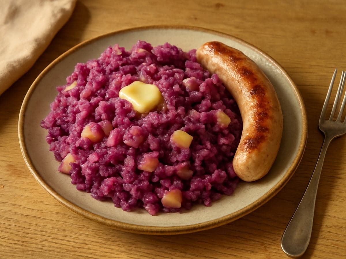 Rodekoolstamppot met appel en kipworst op een bord