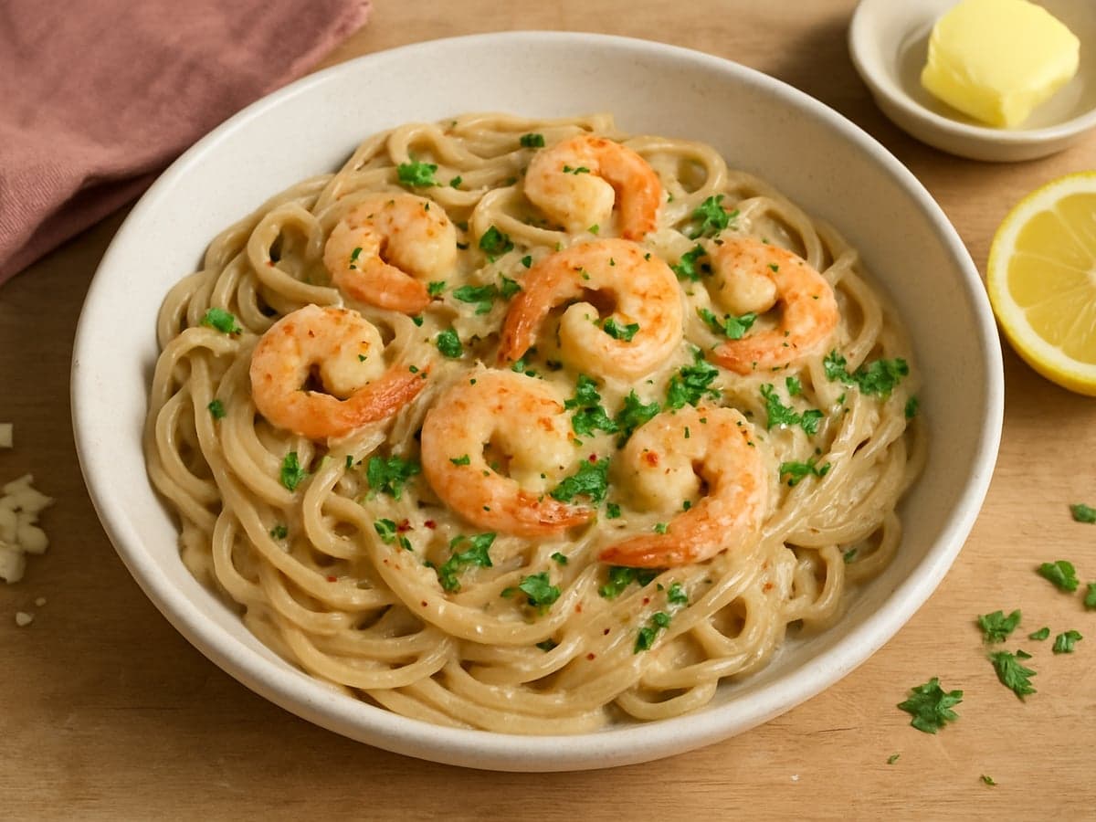 Romige pasta met garnalen, knoflook en citroen in een schaal